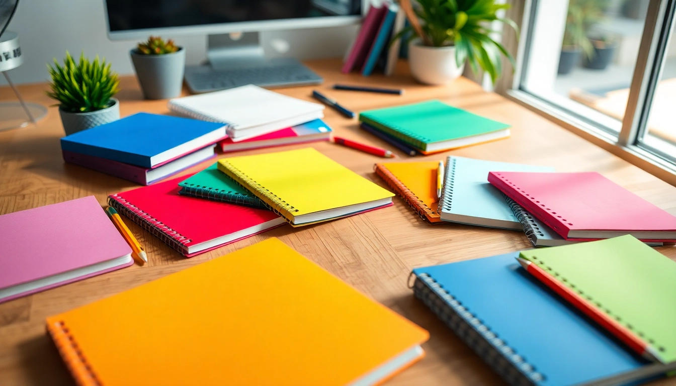 Showcase various wholesale notebooks online with colorful designs on a contemporary workspace.