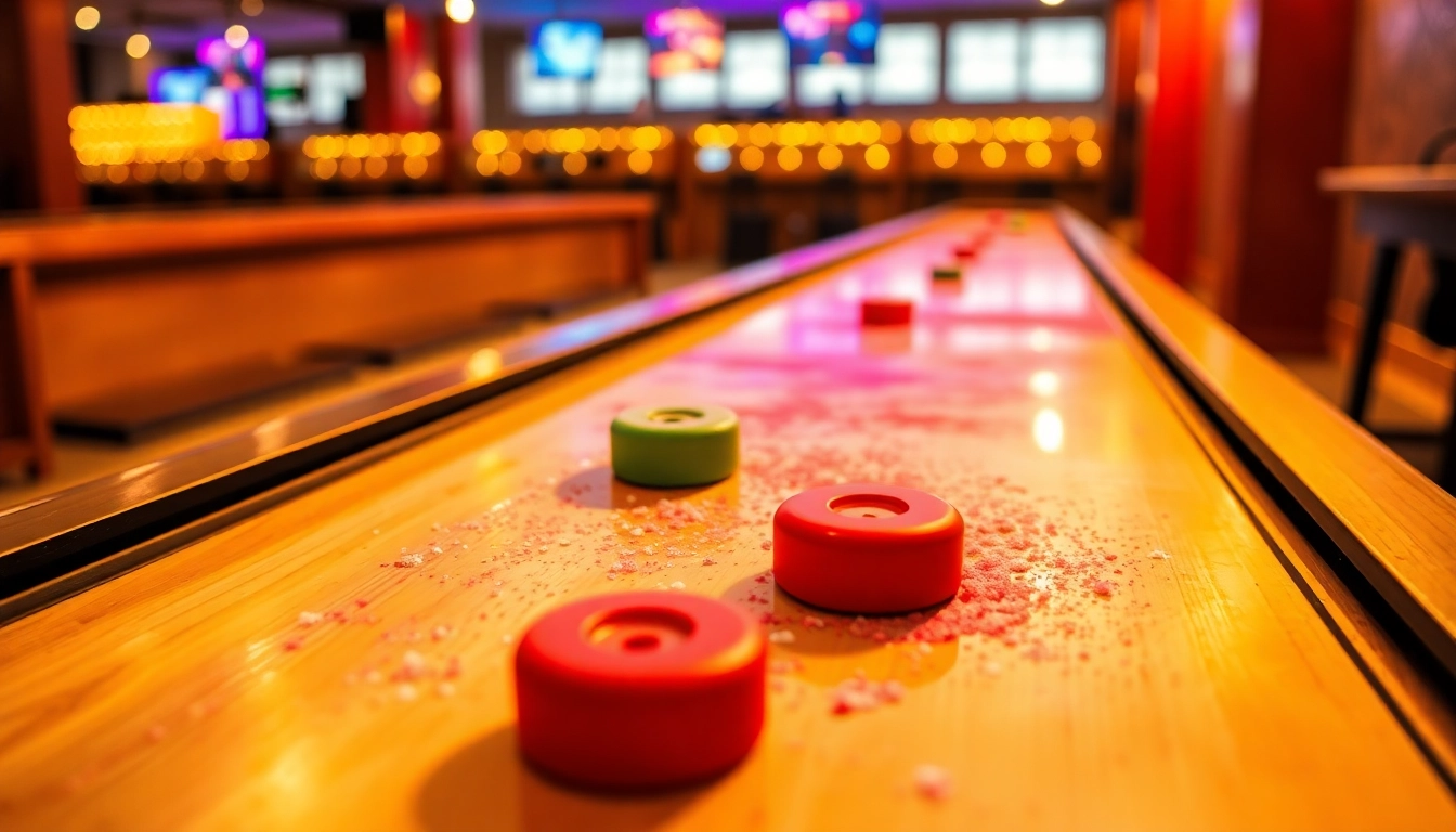 What is on a shuffleboard table showing shuffleboard powder being sprinkled on a glossy wooden surface.