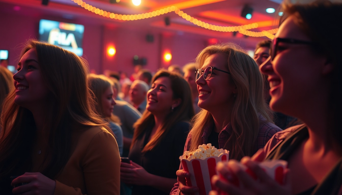 Filmyg enthusiasts enjoying a movie festival with colorful decorations and popcorn in hand.