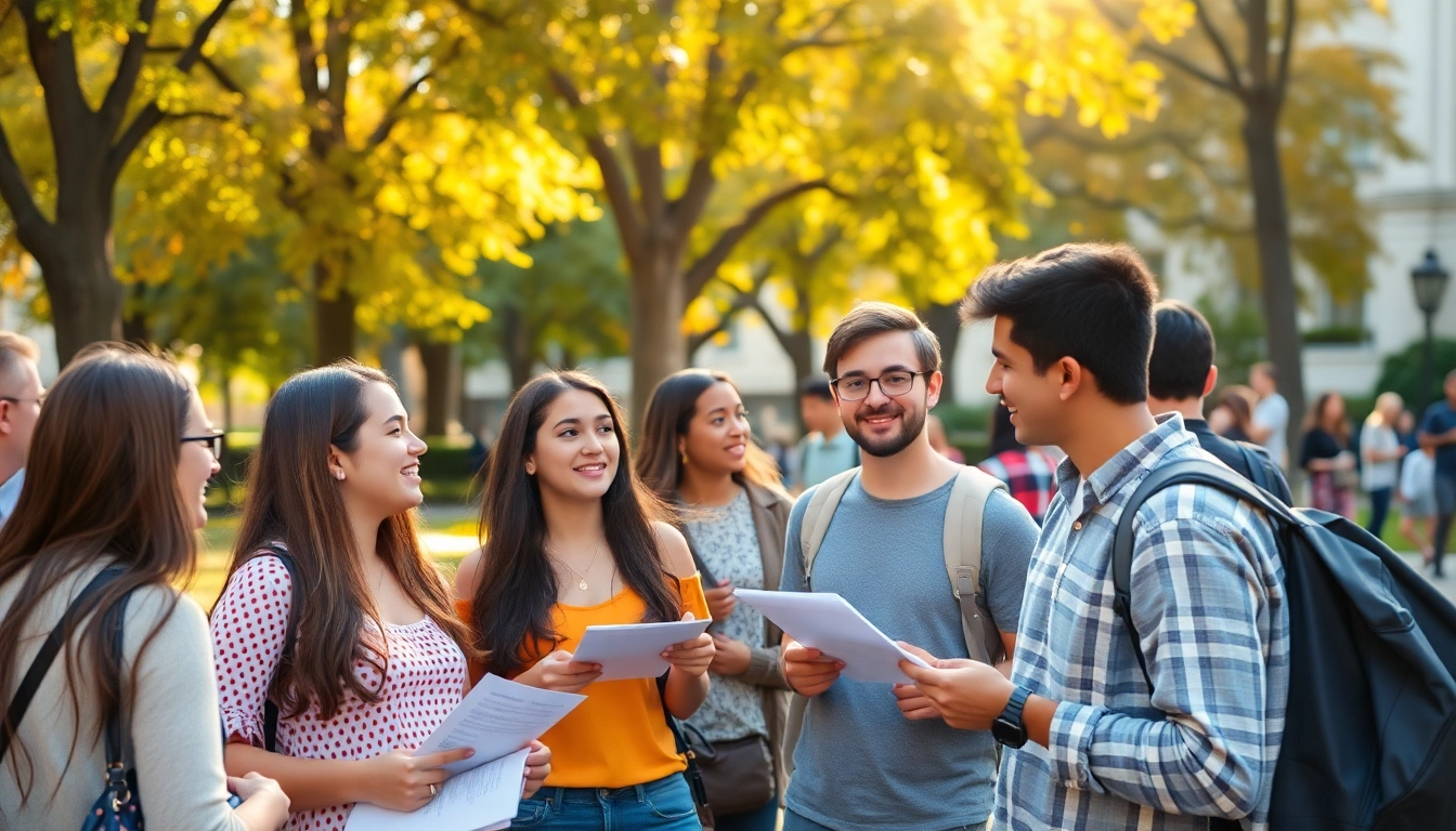 Students collaborating on USC supplementals with enthusiasm outdoors in a vibrant campus setting.