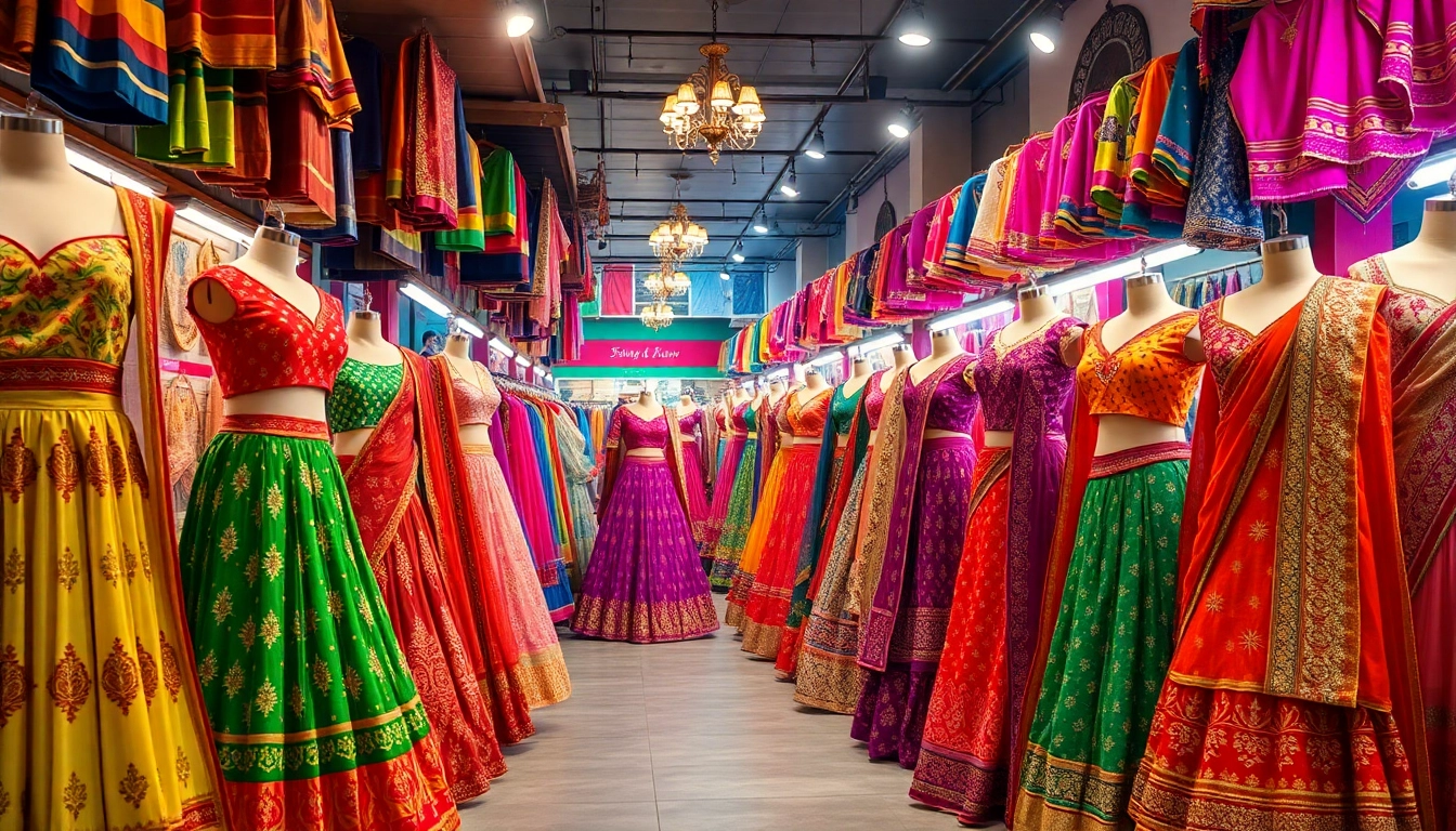 Shop stylish surat wholesale lehenga in vibrant colors and intricate designs at a lively marketplace.