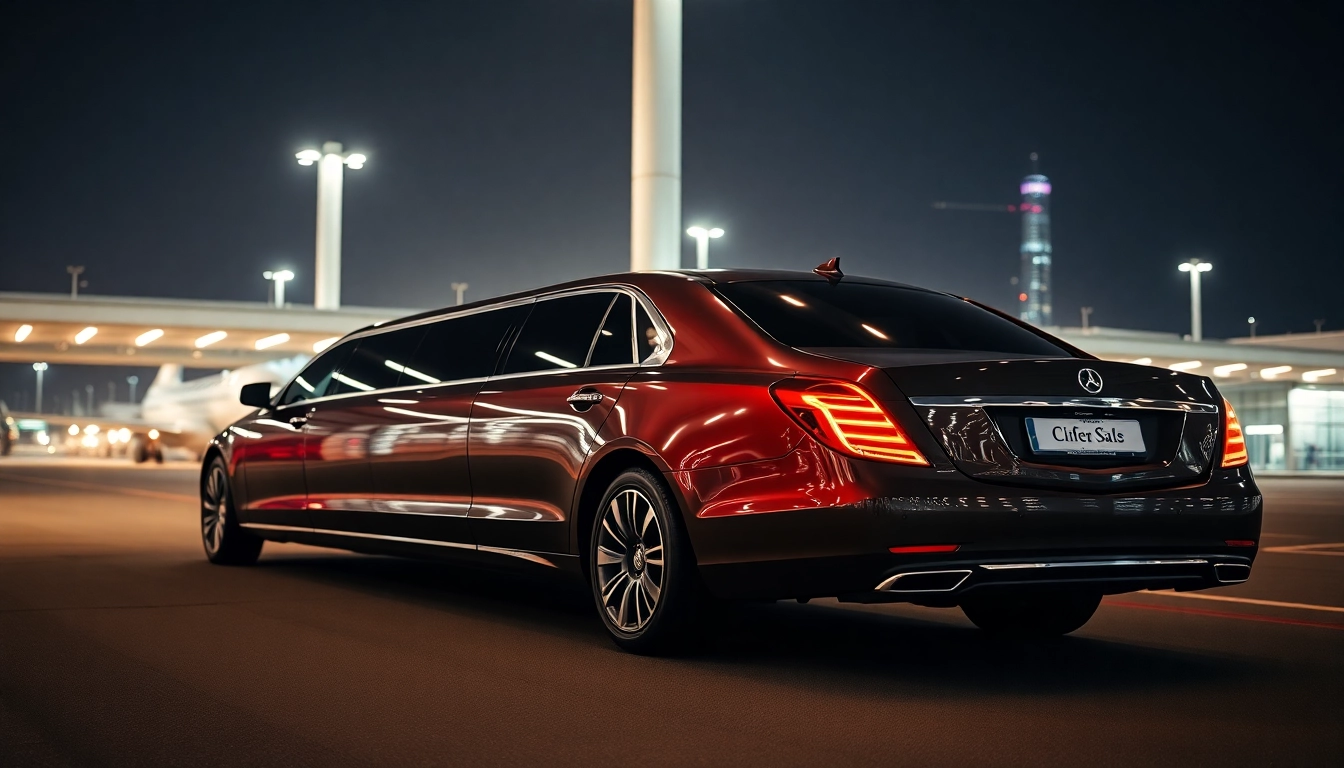 Experience first flight limo luxury with a sleek limousine parked at a stylish airport terminal.