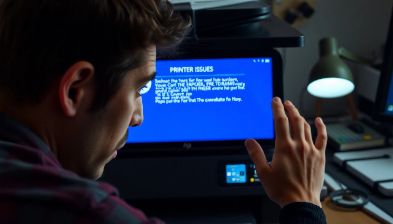 Diagnosing hp printer issues with a user examining error messages on a printer screen.