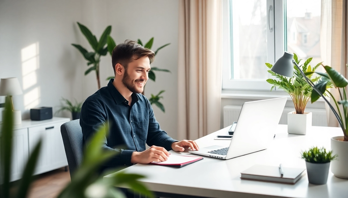 A remote bookkeeper efficiently managing financial records from a sunny home office.