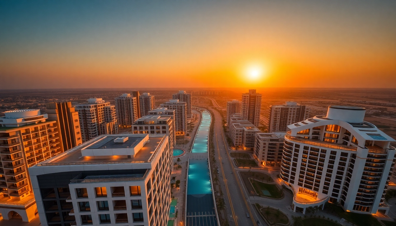 Showcase of Abu Dhabi real estate developers featuring luxurious architectural designs at sunset