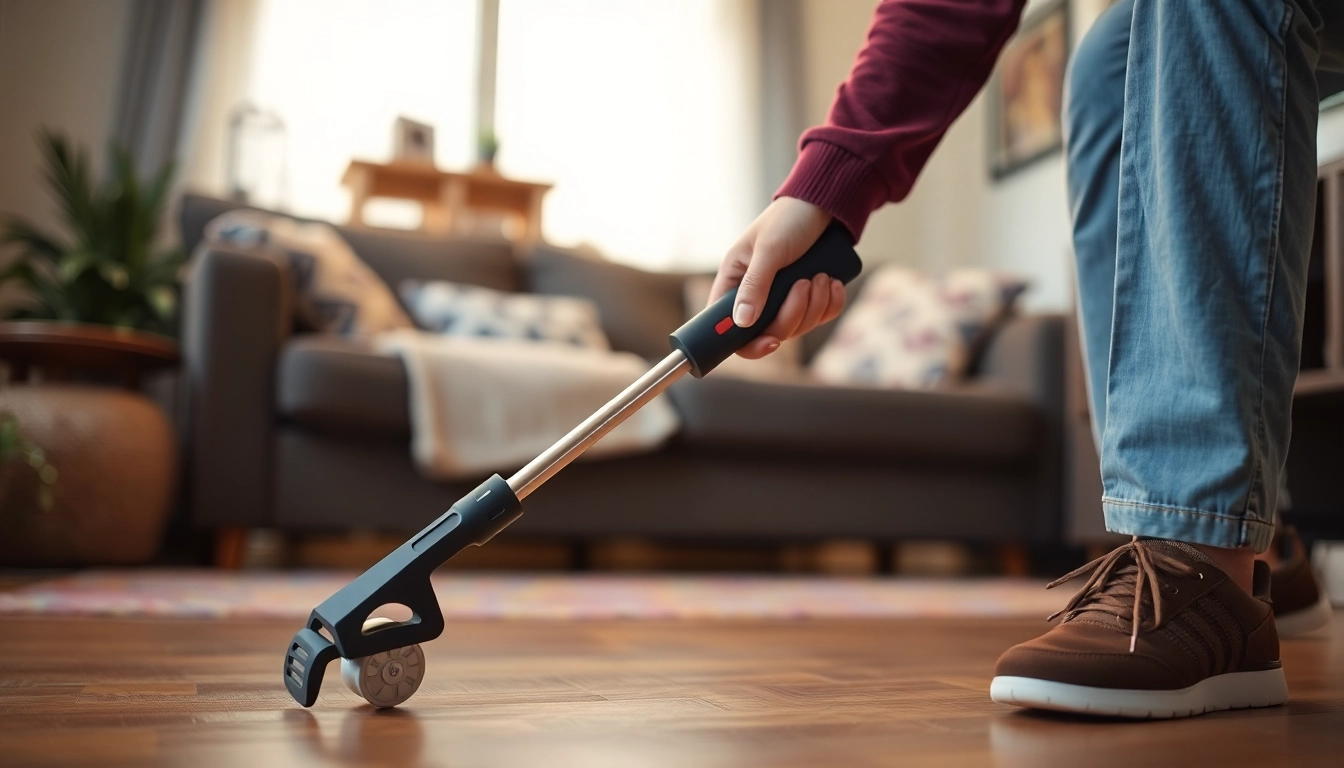 Using a grabber for handicapped to easily reach items from the floor, showcasing its ergonomic design and functionality.