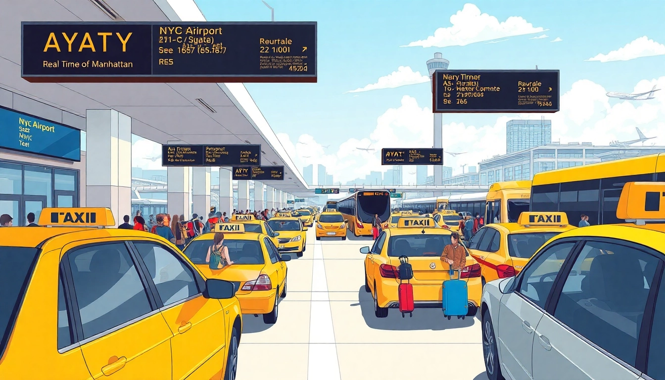 Showcasing the best way jfk to manhattan with vibrant airport transfer options like taxis and AirTrain, bustling and informative.