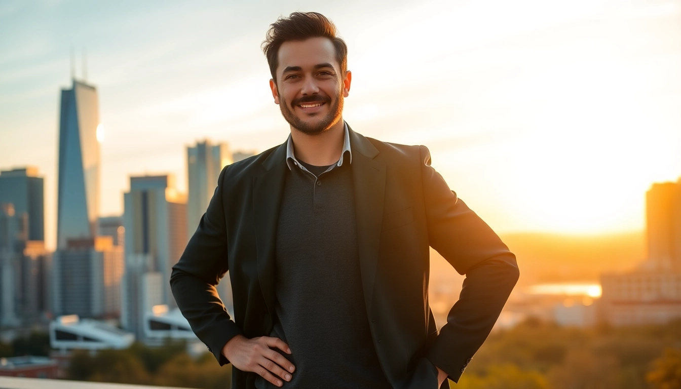 A confident man who is 180cm tall stands against a city skyline, demonstrating an outgoing personality.