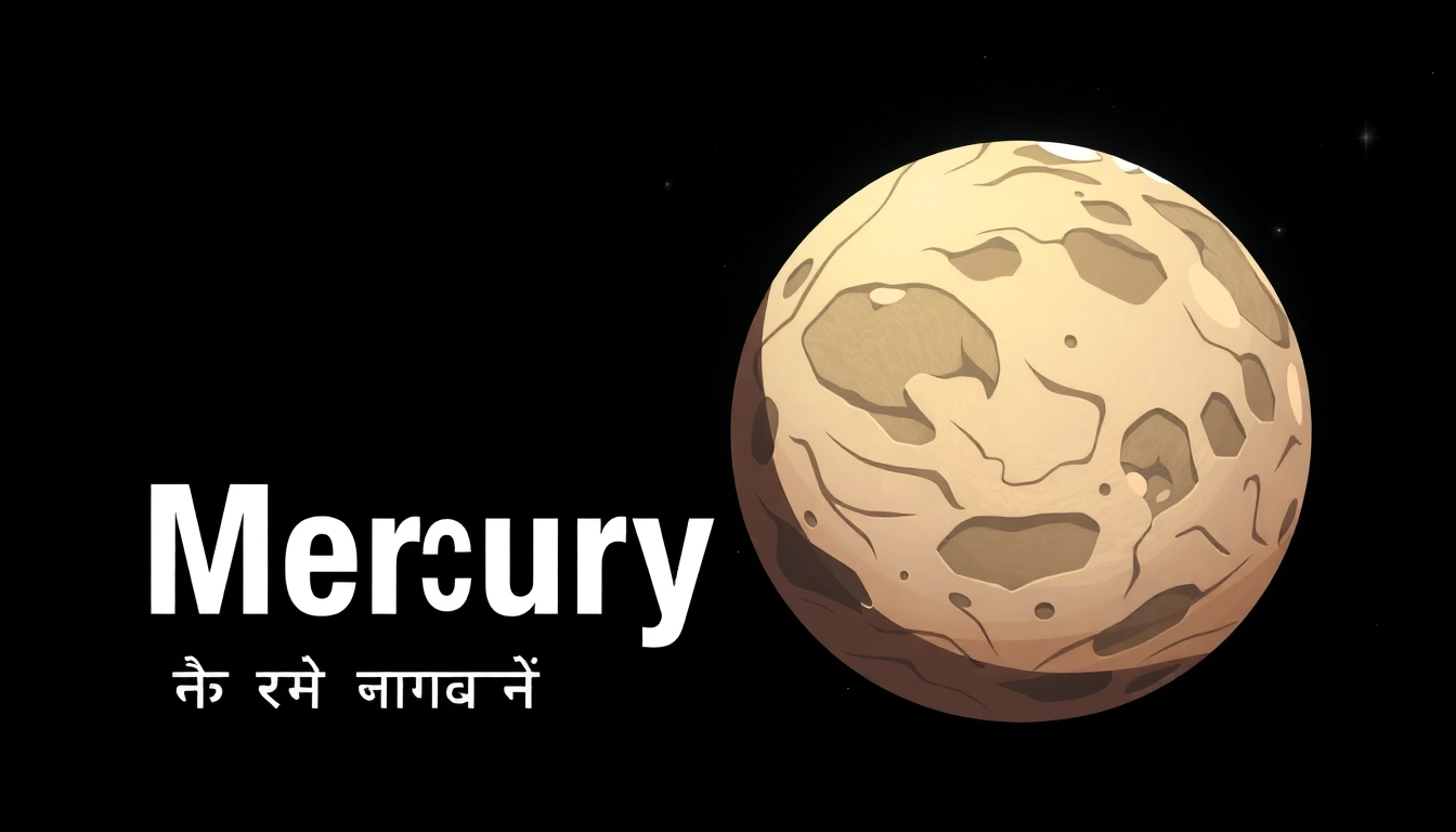 Depicting the mercury planet in hindi, highlighting its craters and mountains against a dark space backdrop.