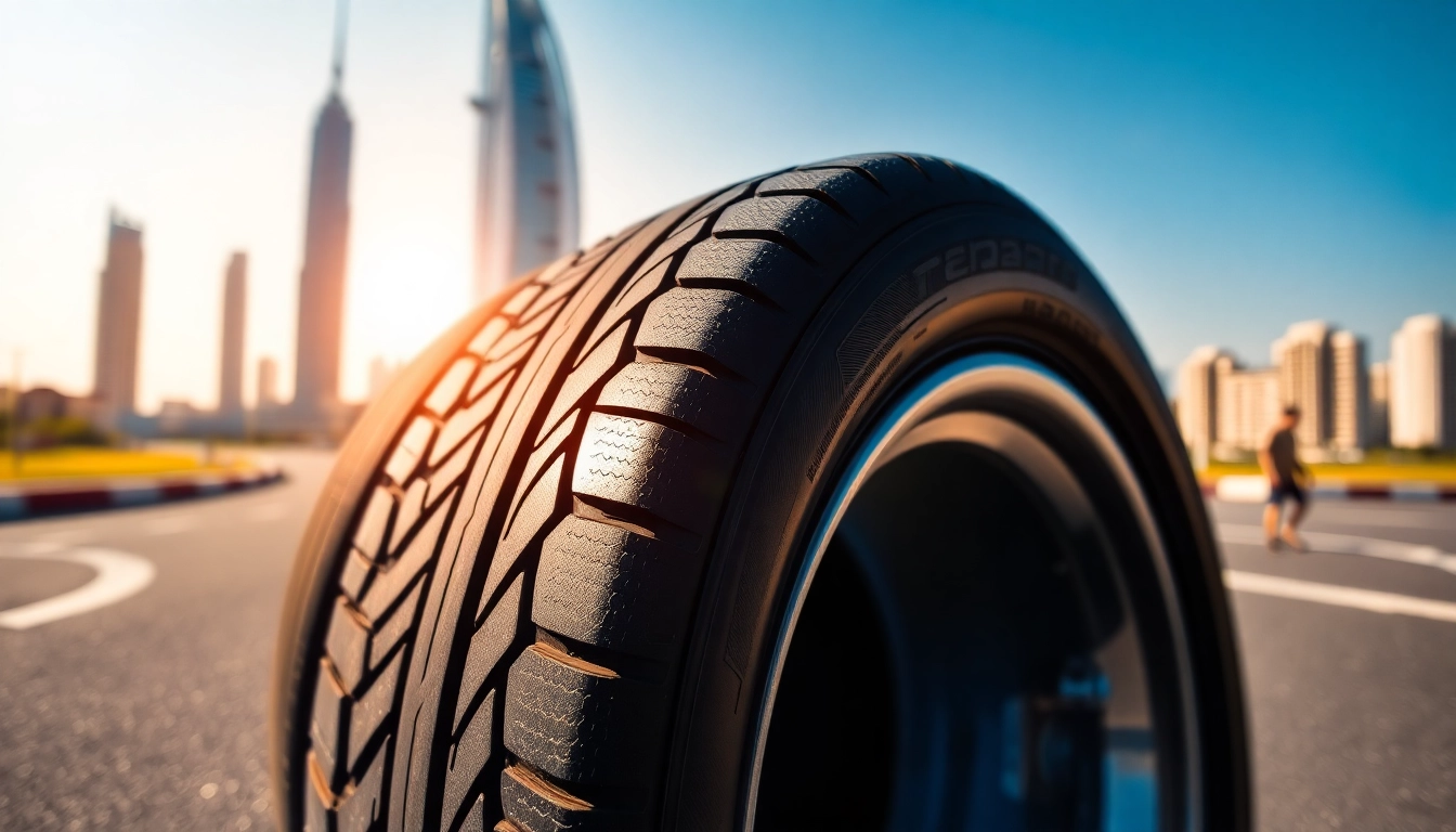 Showcasing the best tyres in UAE with close-up of tread patterns against iconic UAE skyline.