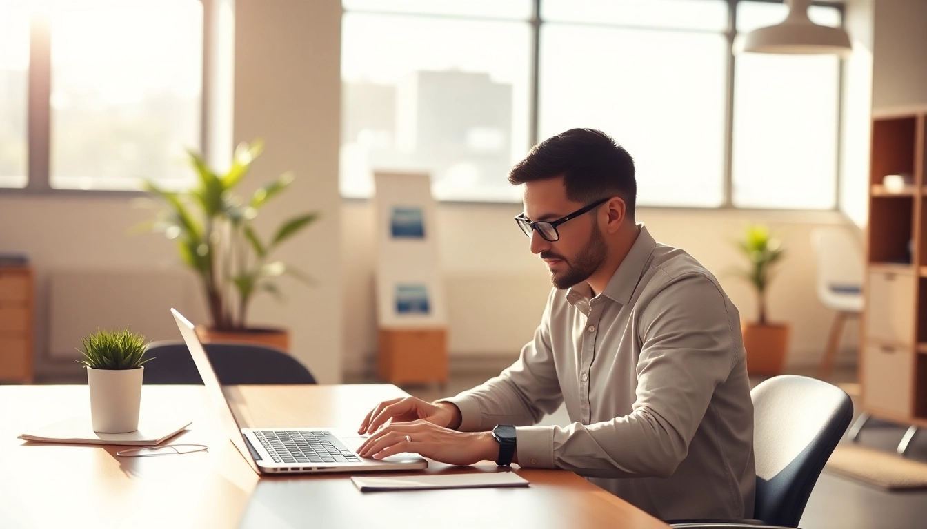 Expert SEO specialist in Wollongong analyzing website data on a laptop in a modern office setting.