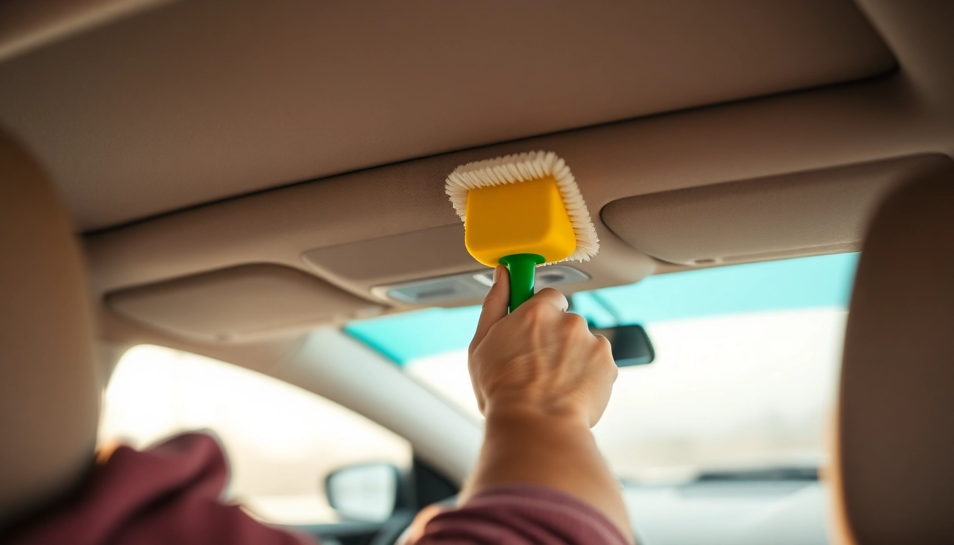 Learning how to clean car interior fabric roof with gentle brushing and a suitable cleaner.