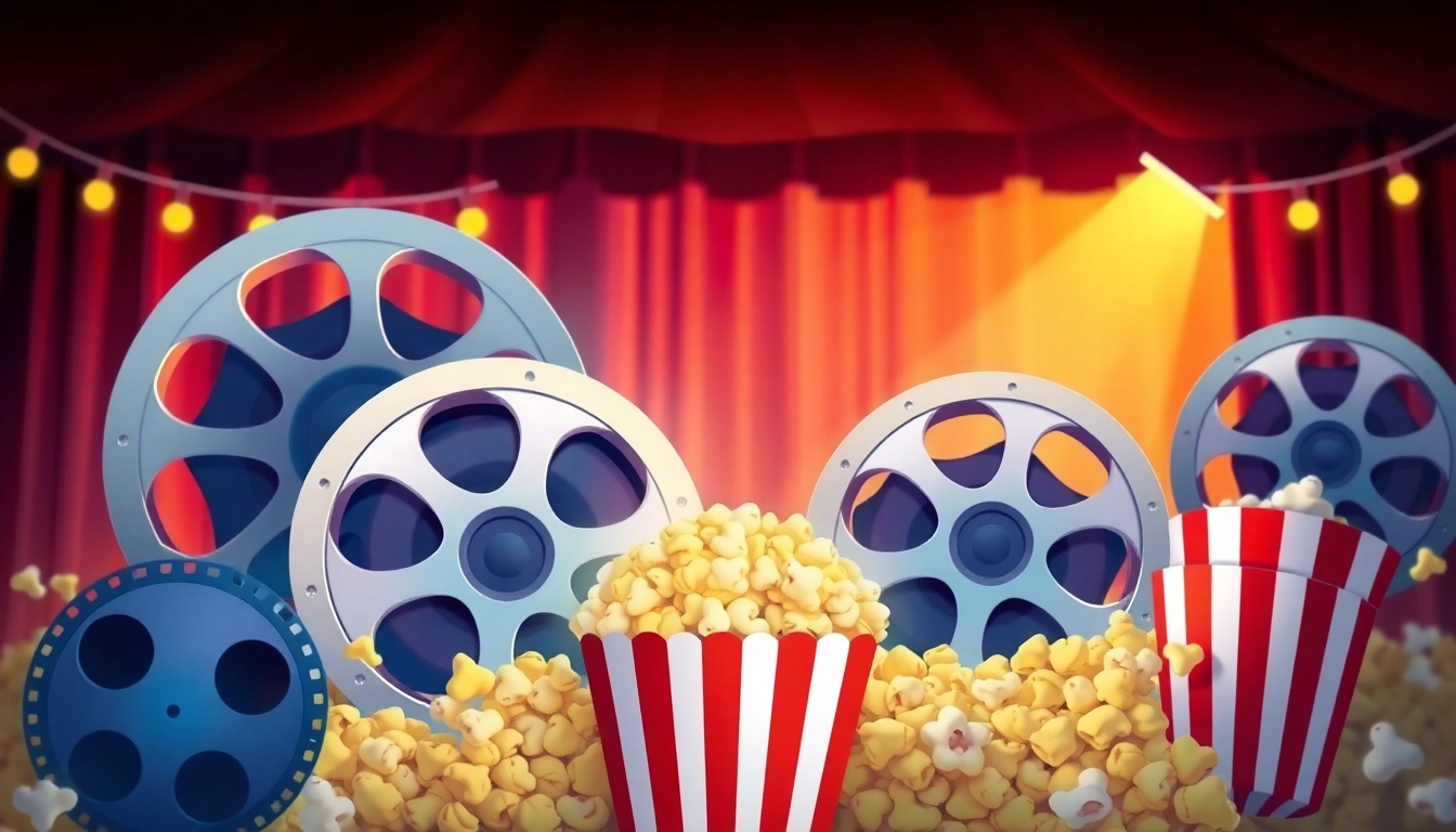 Showcase an engaging cinema-themed collage representing filmy gid with popcorn and film reels in a warm, inviting context.