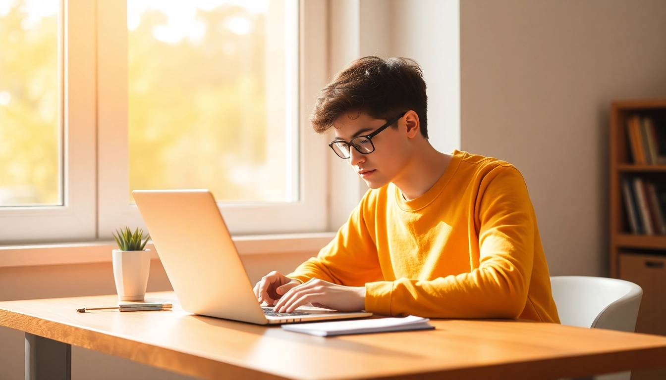 Capture the essence of the usc prompt with a student deeply engaged in essay writing by a sunlit window.