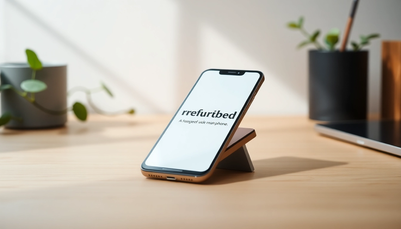 Highlighting refurbished meaning phone on a smartphone in an eco-friendly setup.