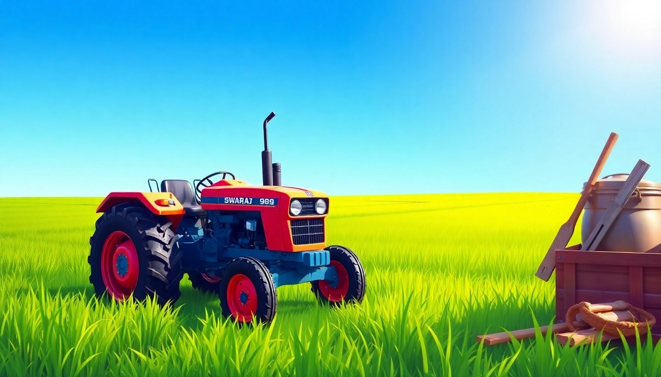 Showcase the Swaraj tractor 969 price with the tractor positioned in a beautiful field setting, highlighting its robust features.