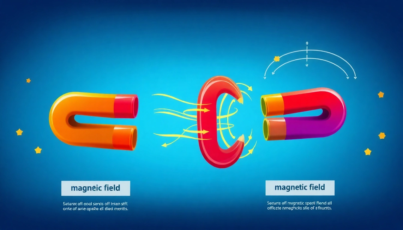 Visualize is magnetic a contact force through colorful magnets demonstrating attraction and repulsion, with magnetic field lines clearly depicted.