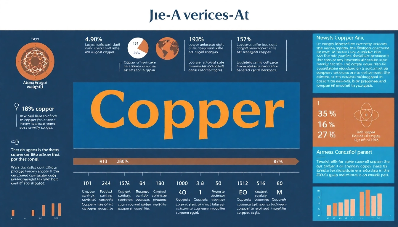 Visual representation of key properties and the atomic weight of copper, 63.546 u, including its symbol and various characteristics.