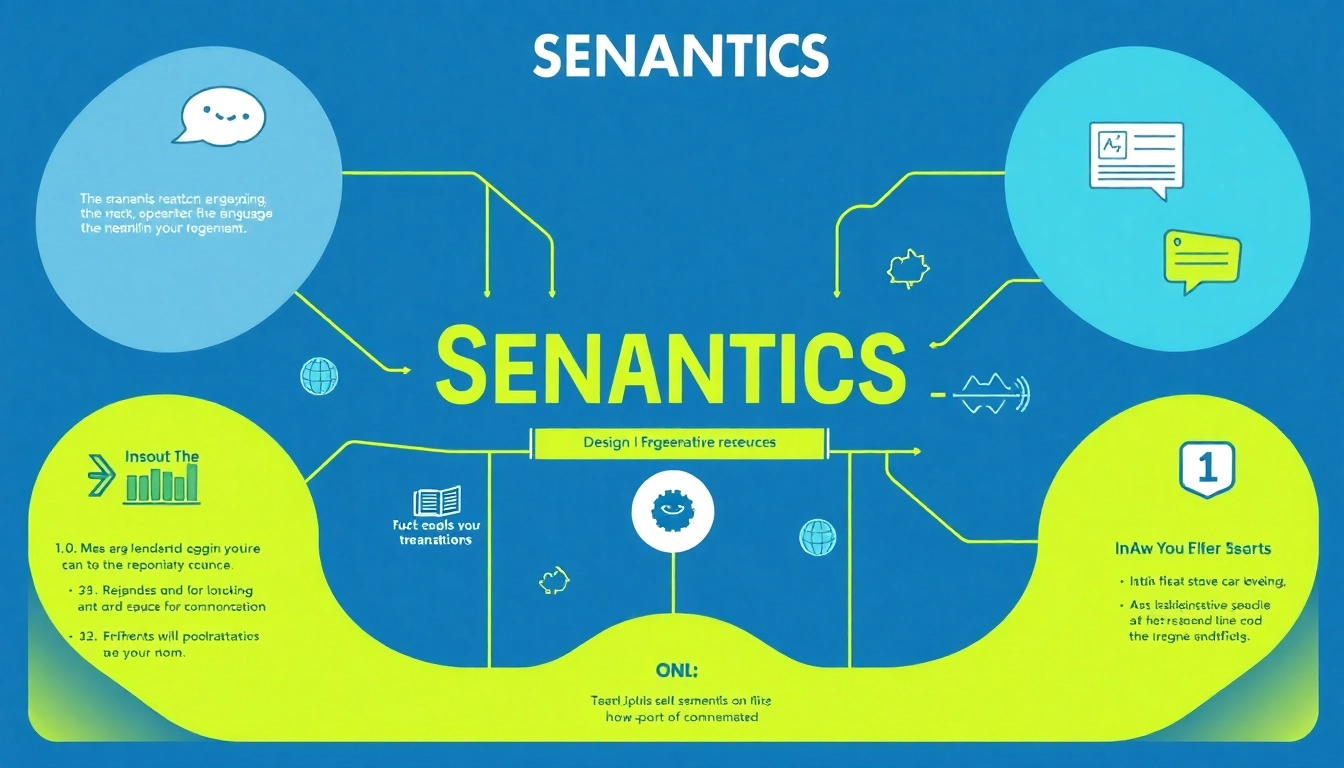 Illustrate senantics with colorful icons of language and meaning, emphasizing communication.