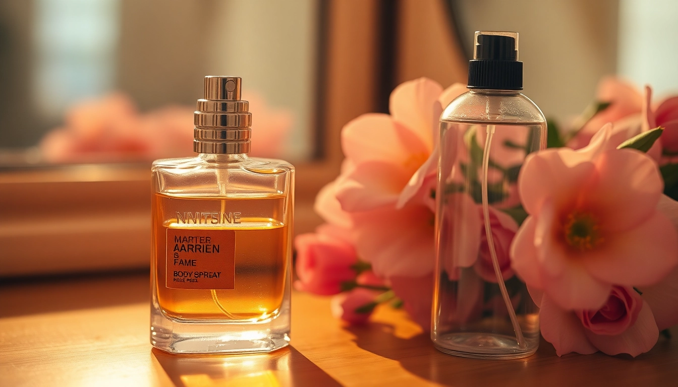 Compare the difference between perfume and body spray with elegant options displayed on a wooden vanity.