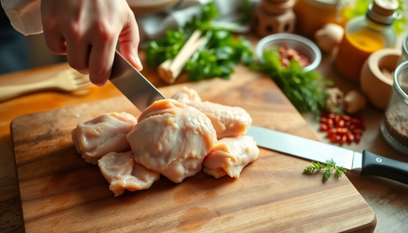 Learn how to cut chicken thighs for curry with precision on a wooden cutting board, showcasing chef's technique.