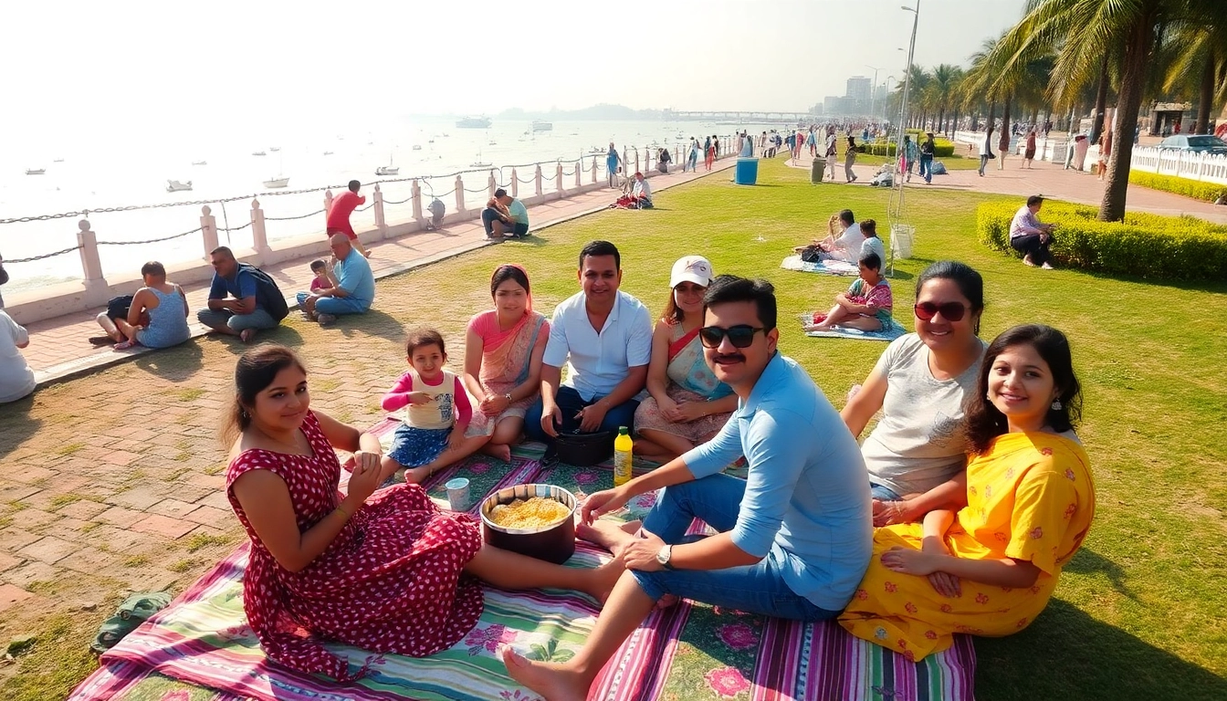 Families enjoying picnic spots in Mumbai during a sunny day at Marine Drive with a vibrant view.