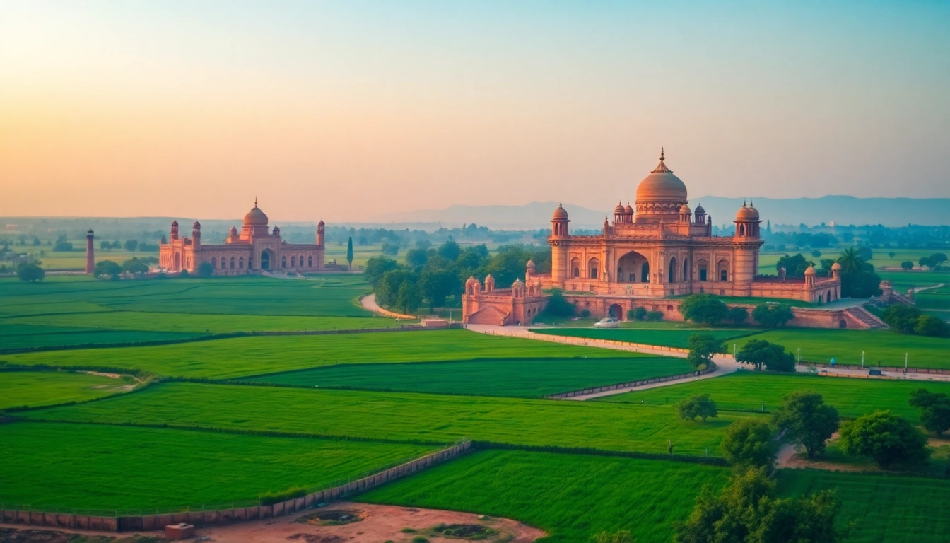 Capture the distance between Ayodhya to Delhi through vibrant landscapes depicting green fields and historic landmarks.