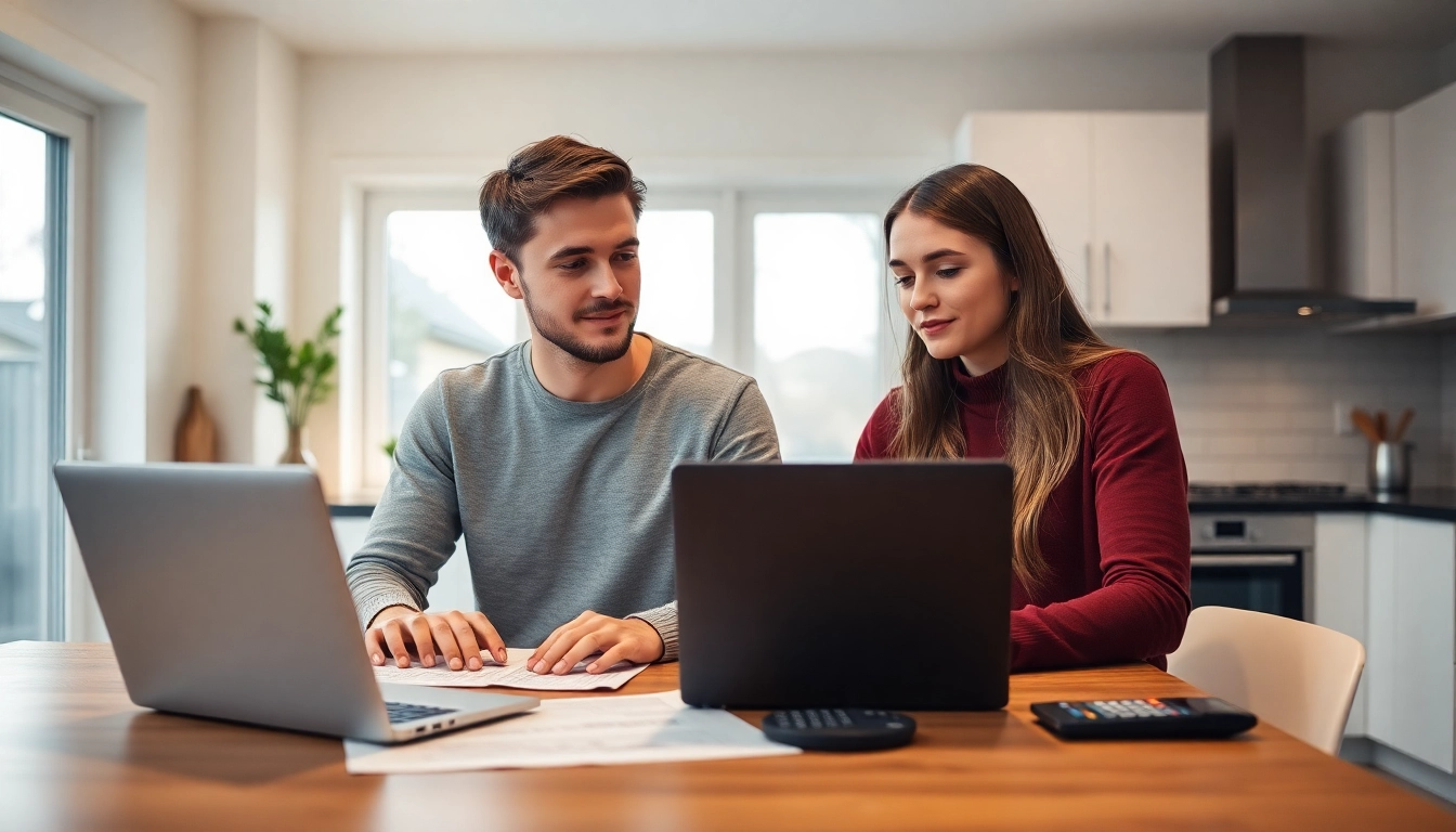 Couple evaluating how much house they can afford on a $60k salary with calculators and plans at home.