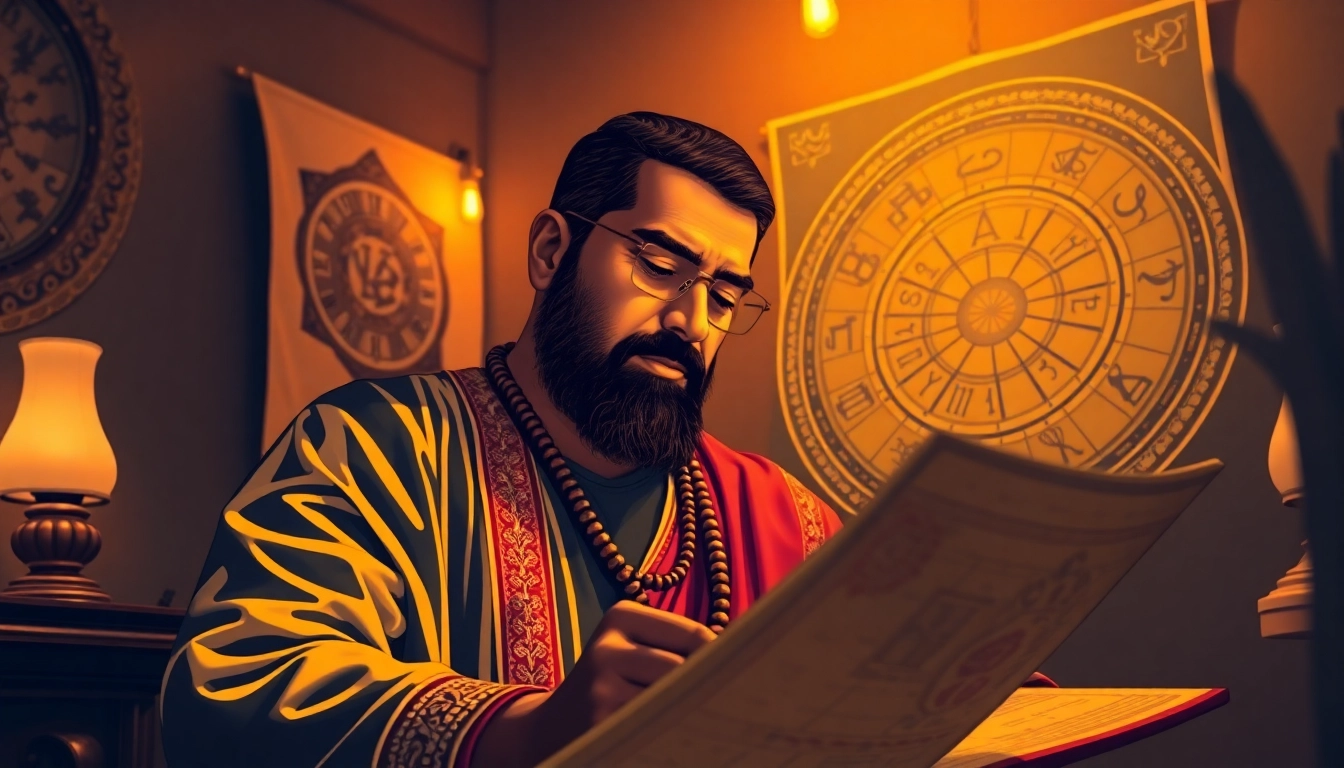 An Indian astrologer in Brisbane consulting a client about astrological insights from a vibrant and detailed chart.