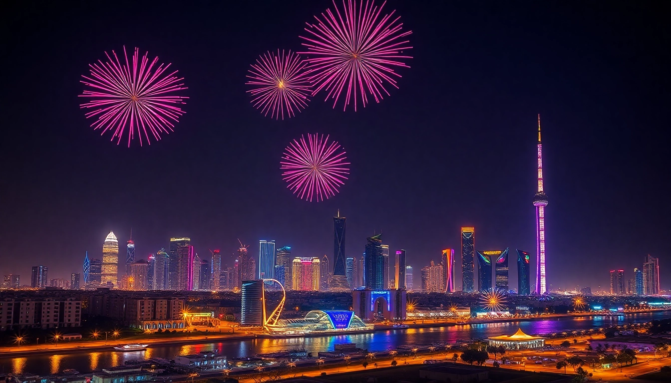 Celebrate public holidays in kuwait with a vibrant fireworks display over the skyline.