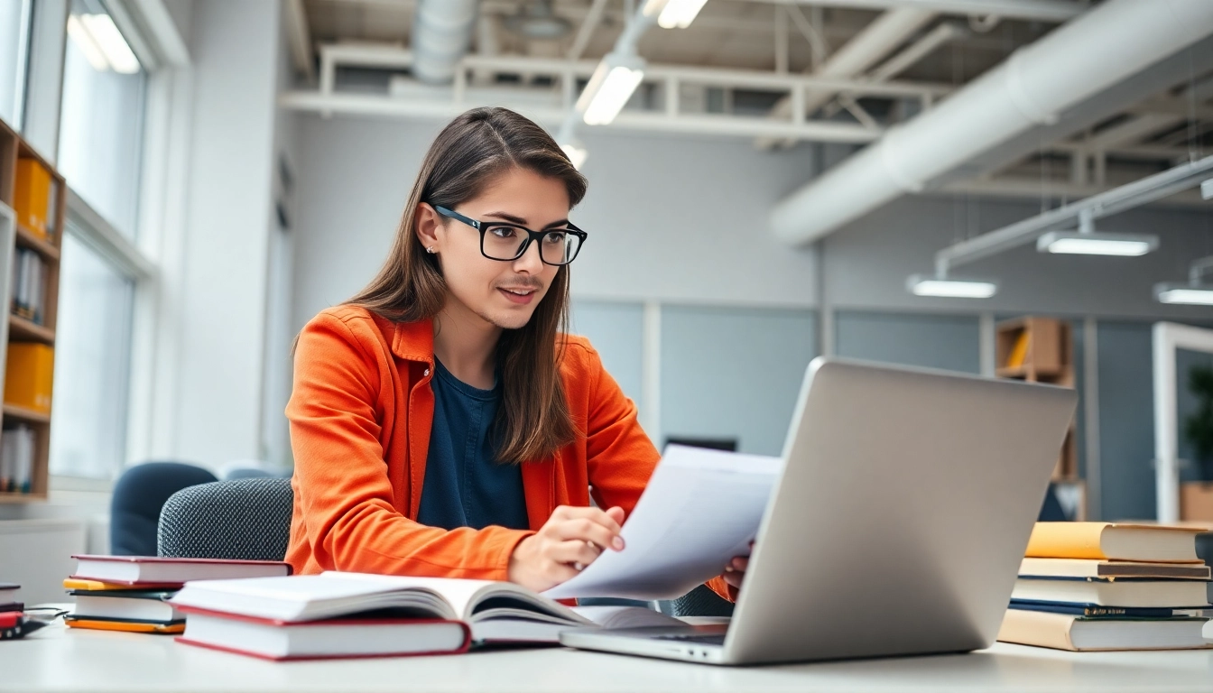 Young professional studying the duration of ca course after graduation with textbooks and a laptop in a modern workspace.