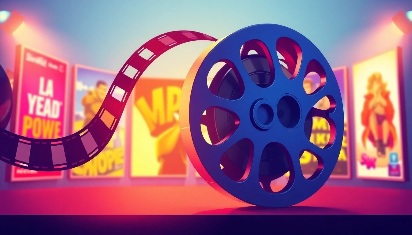 Unwind with filmyfod: a film reel showcasing dynamic movie posters and vibrant colors.