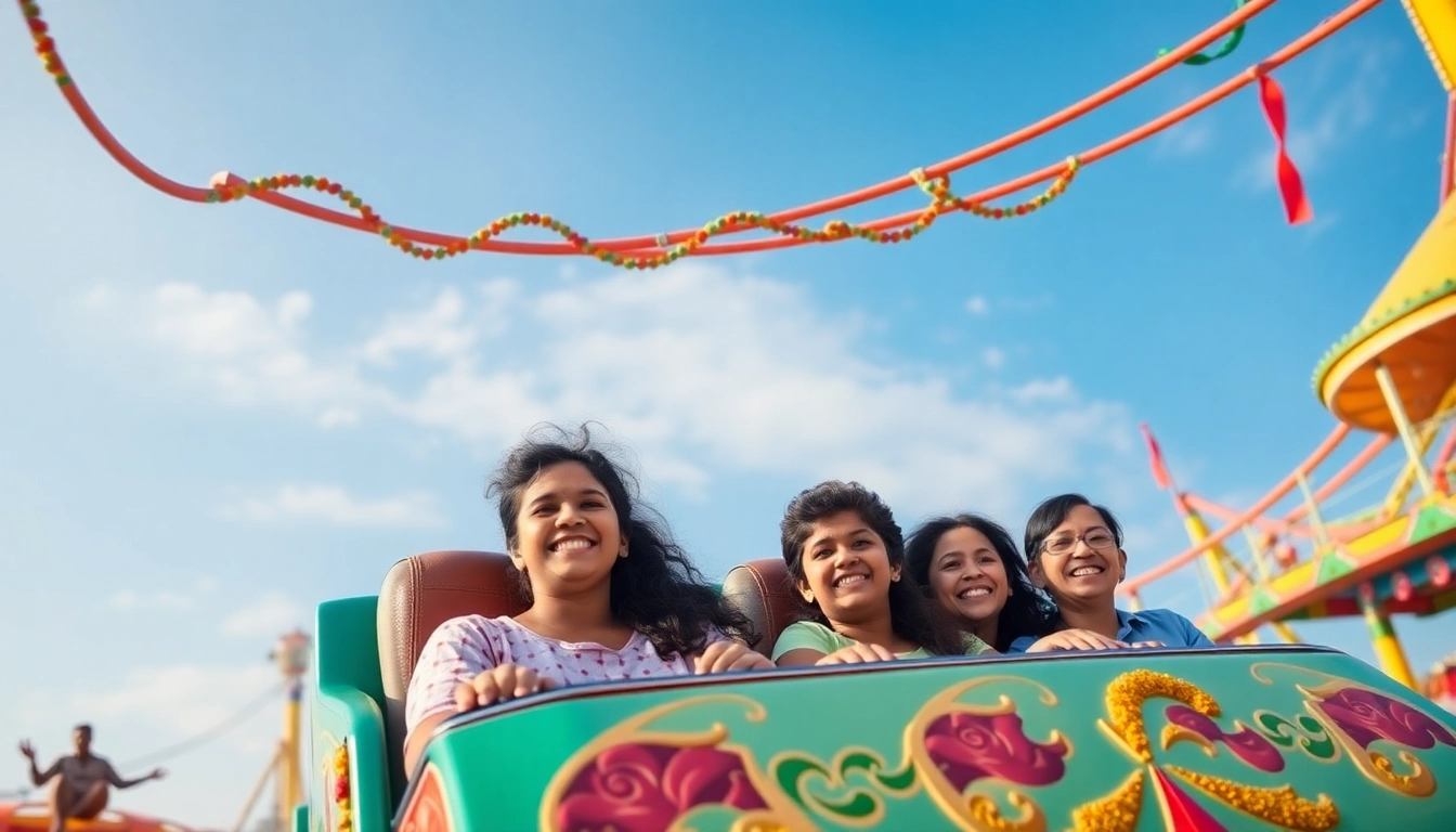 Families having fun at the top 10 amusement park in India, enjoying rides and attractions together.