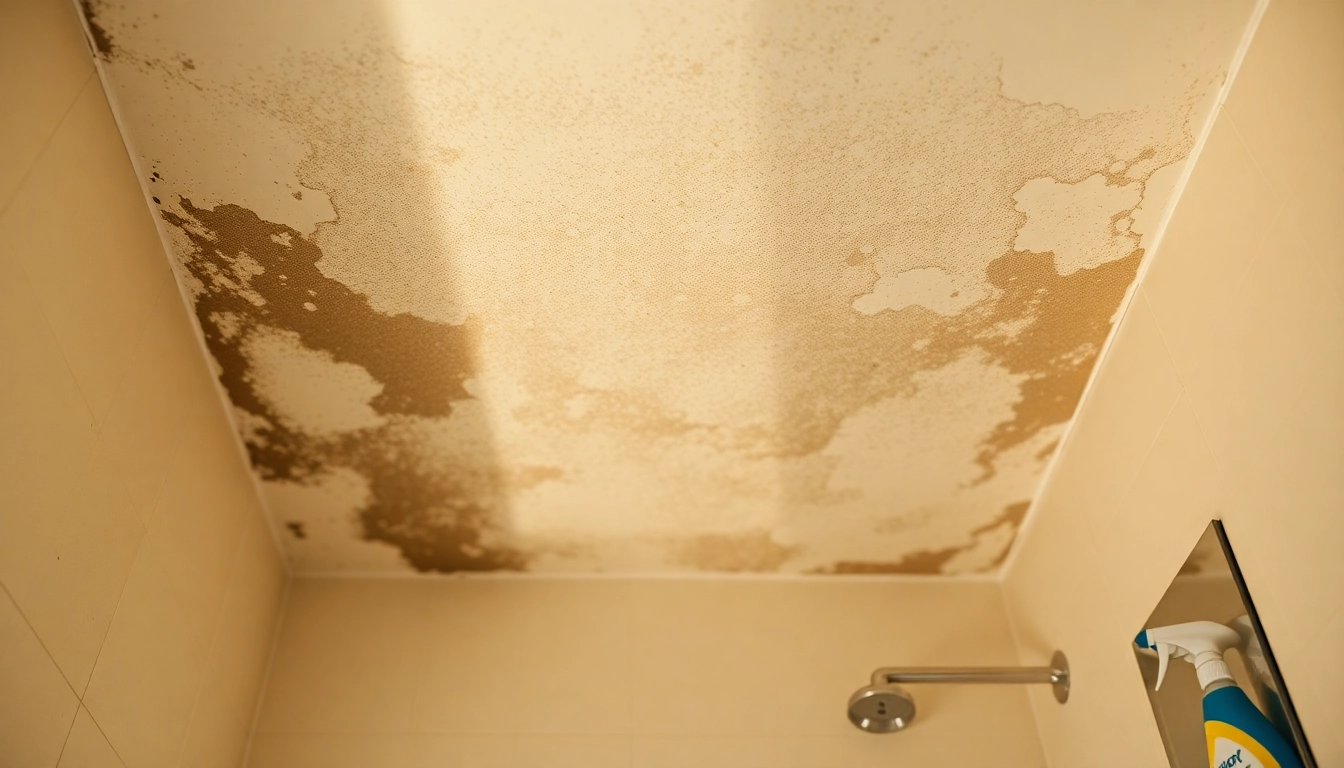 Remove mold in ceiling, showcasing a bathroom view with cleaning supplies and mold exposure.