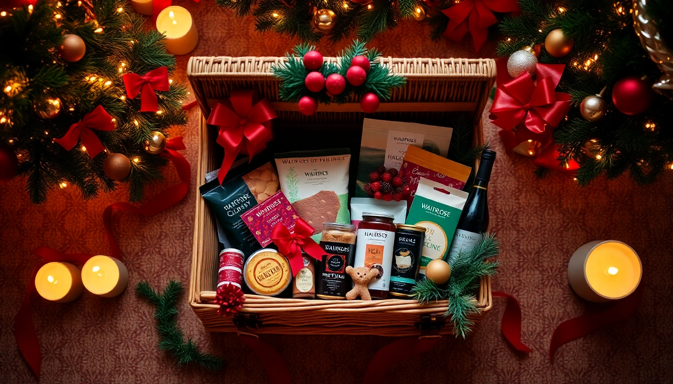 Explore the delightful Waitrose Christmas hampers, showcasing an array of gourmet treats and festive decor.