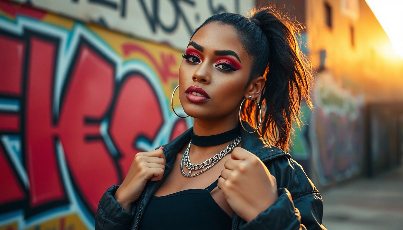 Baddie must haves showcased with trendy accessories and streetwear in an urban environment.