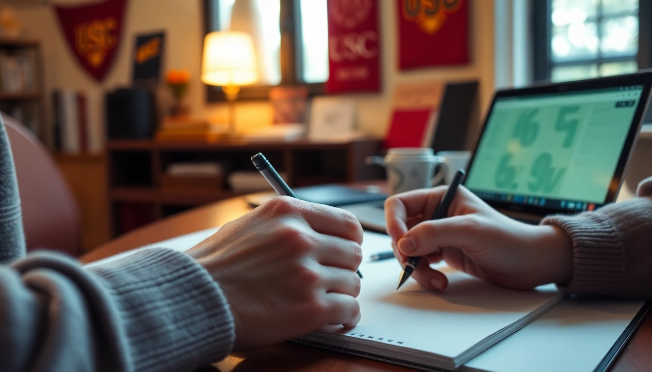 Writing usc supplemental questions on a notepad in a cozy study environment.