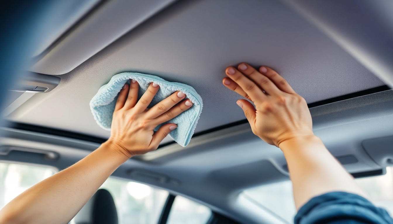 Cleaning car roof lining with microfiber cloth, showcasing gentle care for upholstery.