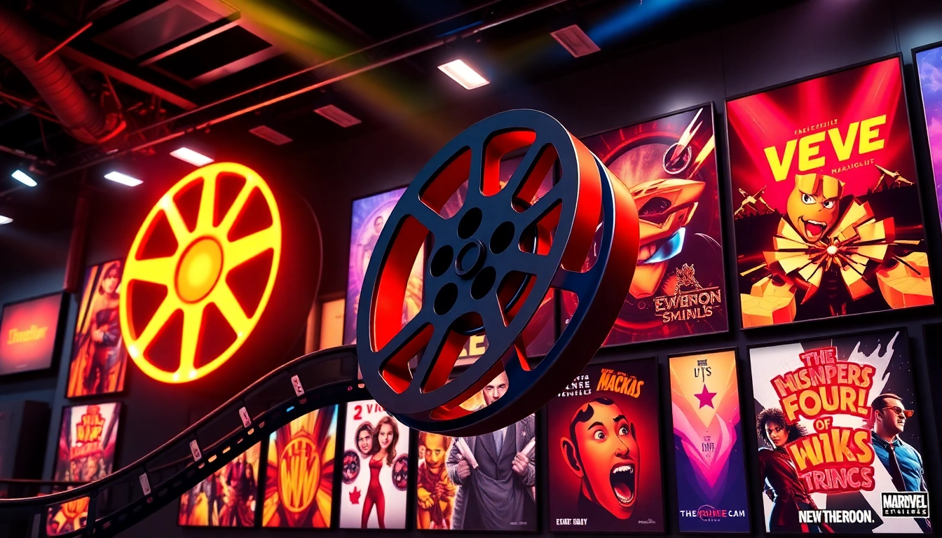 Explore flimegod's vibrant film world through dynamic movie posters and a colorful reel.