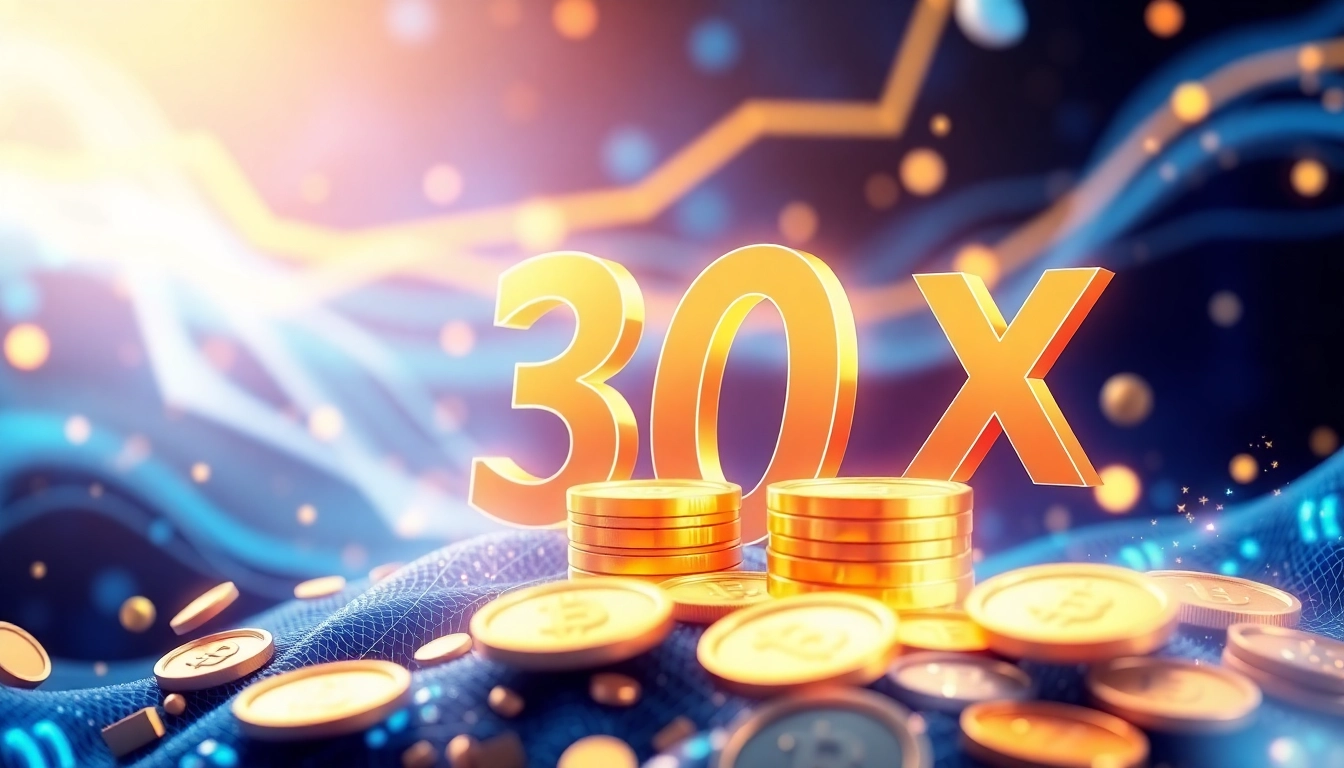 Visualize crypto30x growth potential with multiplying coins and a radiant 30x symbol.