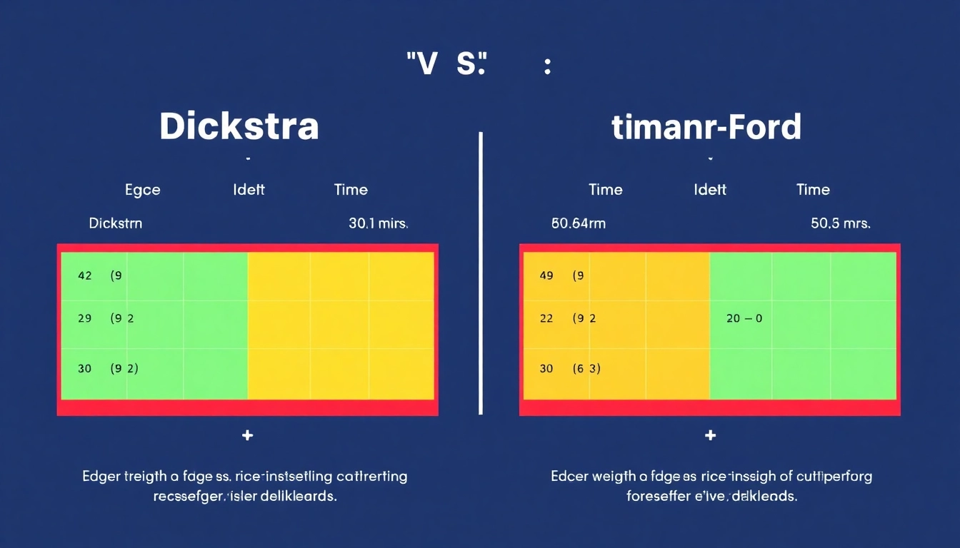 Visual representation of the differences in dijkstra vs bellman ford algorithms highlighting key performance metrics and edge weight handling.