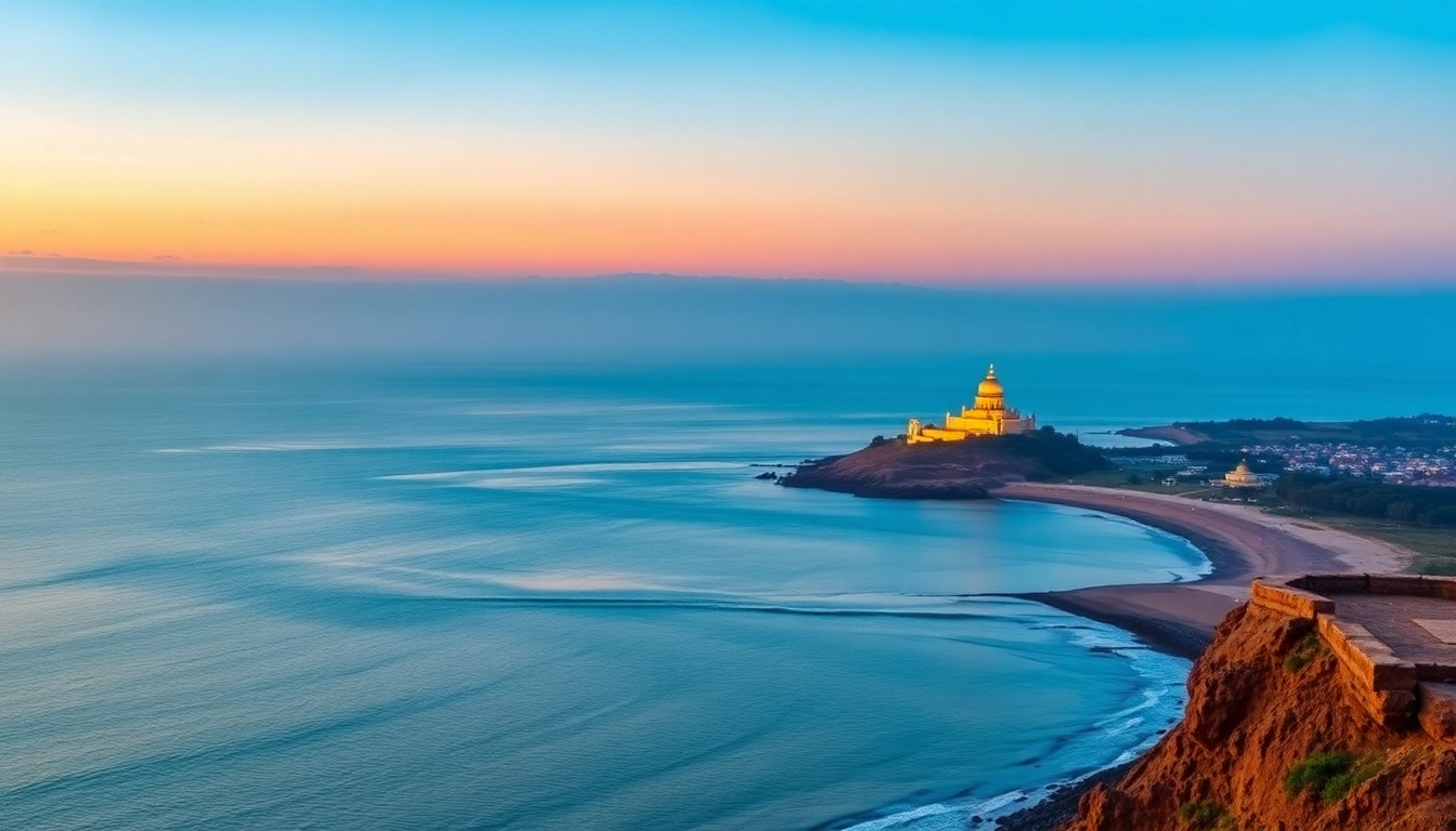 View of Kanyakumari at sunset, one of the best places to visit in Tamil Nadu, showcasing scenic beauty and iconic landmarks.