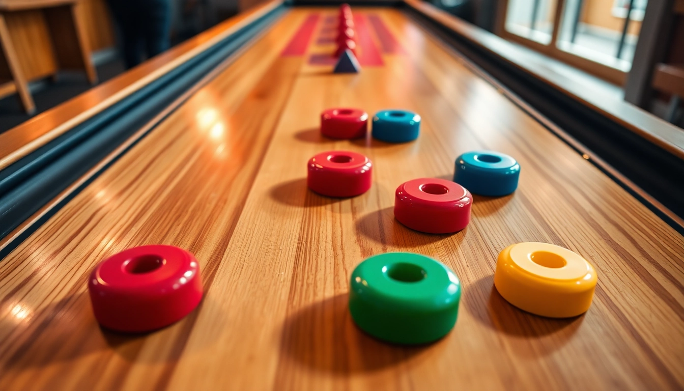 View of a shuffleboard table showcasing what's on a shuffleboard table including colorful pucks and silicone beads.