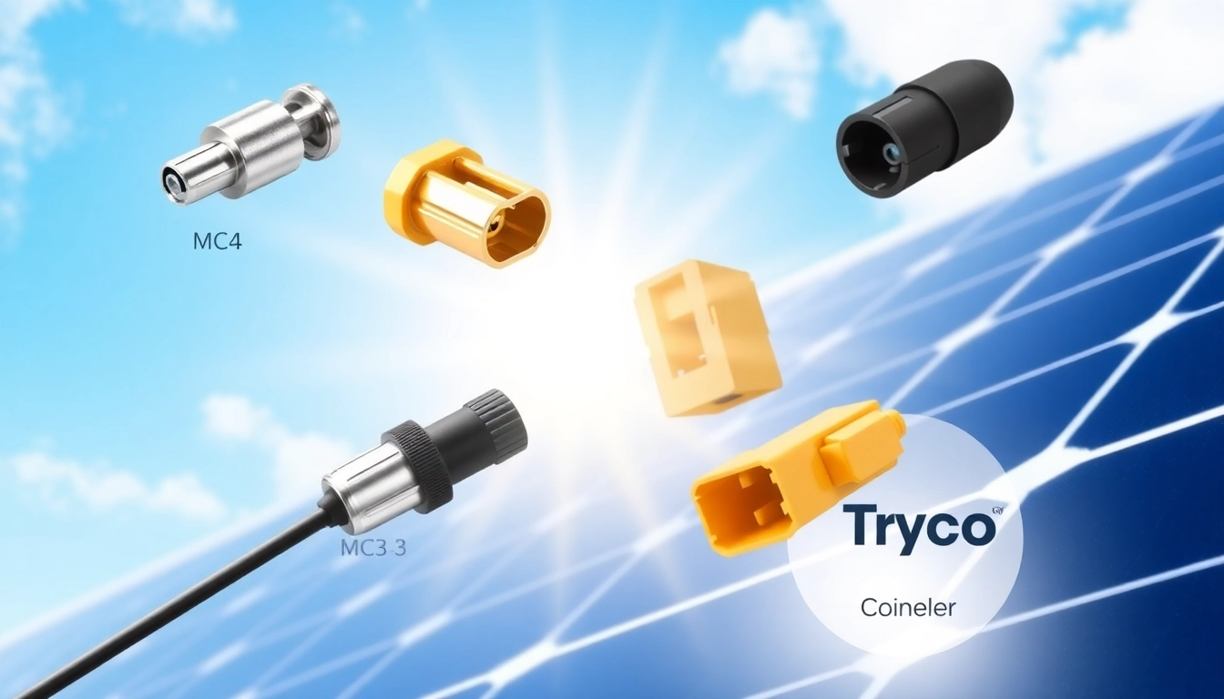 Showcasing different solar connectors types like MC4 and MC3, emphasizing their features and interconnectivity.