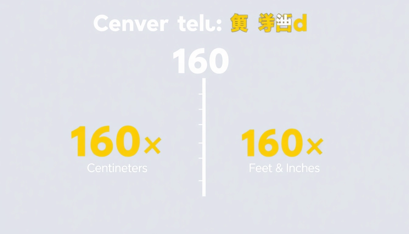 Illustrate the conversion of 160センチ フィート into feet and inches, showing detailed measurements visually.