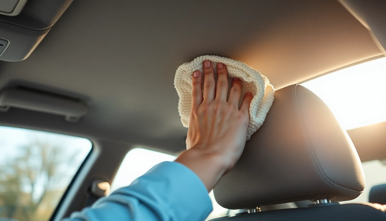 Cleaning the roof interior of a car with a gentle touch using a soft brush and cleaner for effective results.