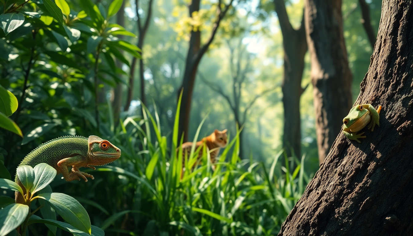 Animals that camouflage for protection, such as a chameleon among leaves and a leopard in grass.