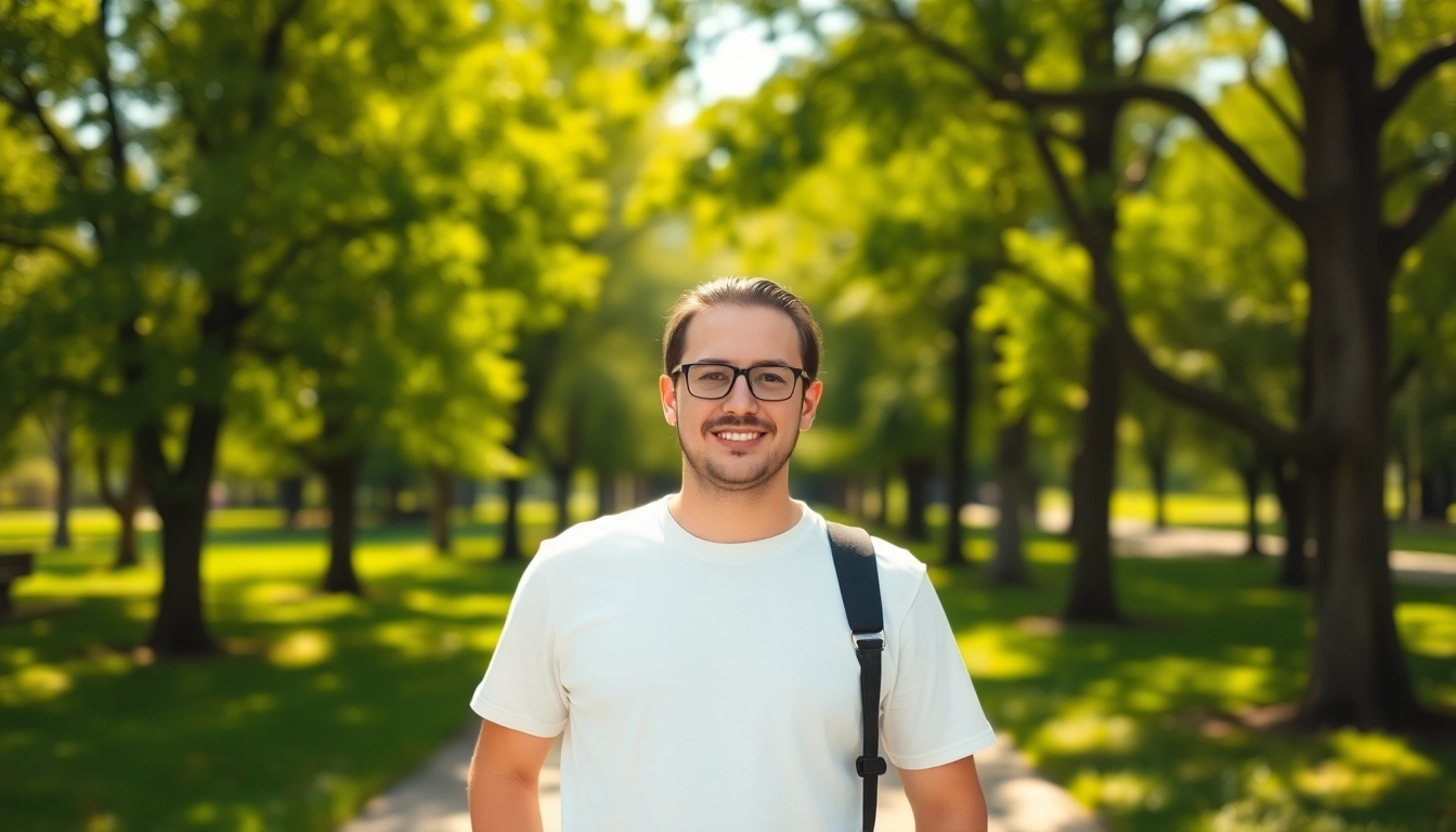 A confident individual 180 cm tall stands in a sunny park, showcasing height and stylish attire against a vibrant backdrop.