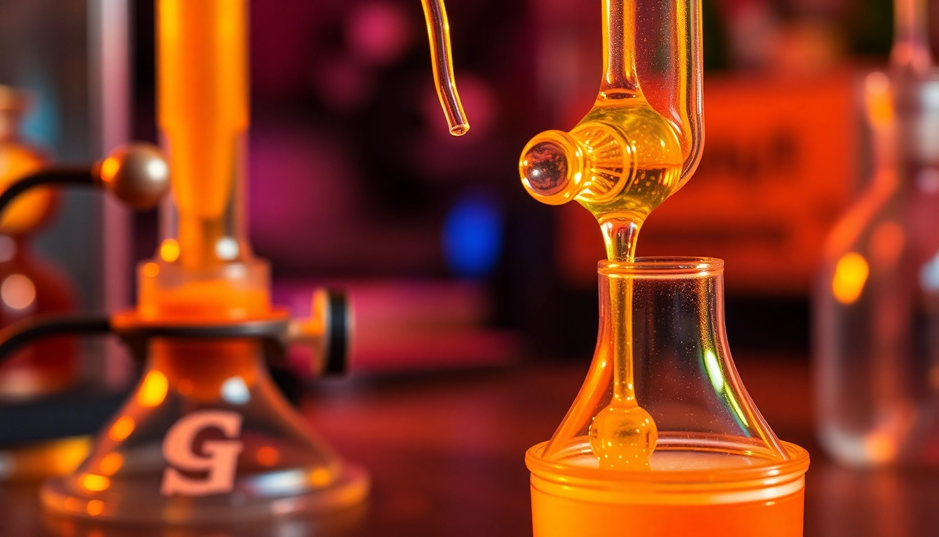 Learn how to dab correctly by observing a close-up of a colorful dab rig with concentrates and tools.