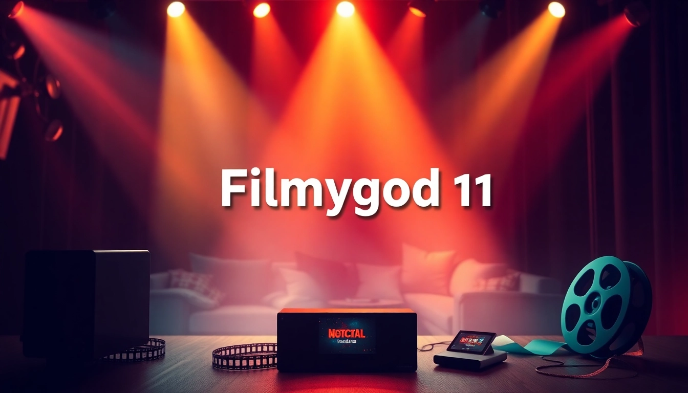 Download movies easily with filmygod 11 - featuring a vibrant movie poster showcasing film reels and digital devices.